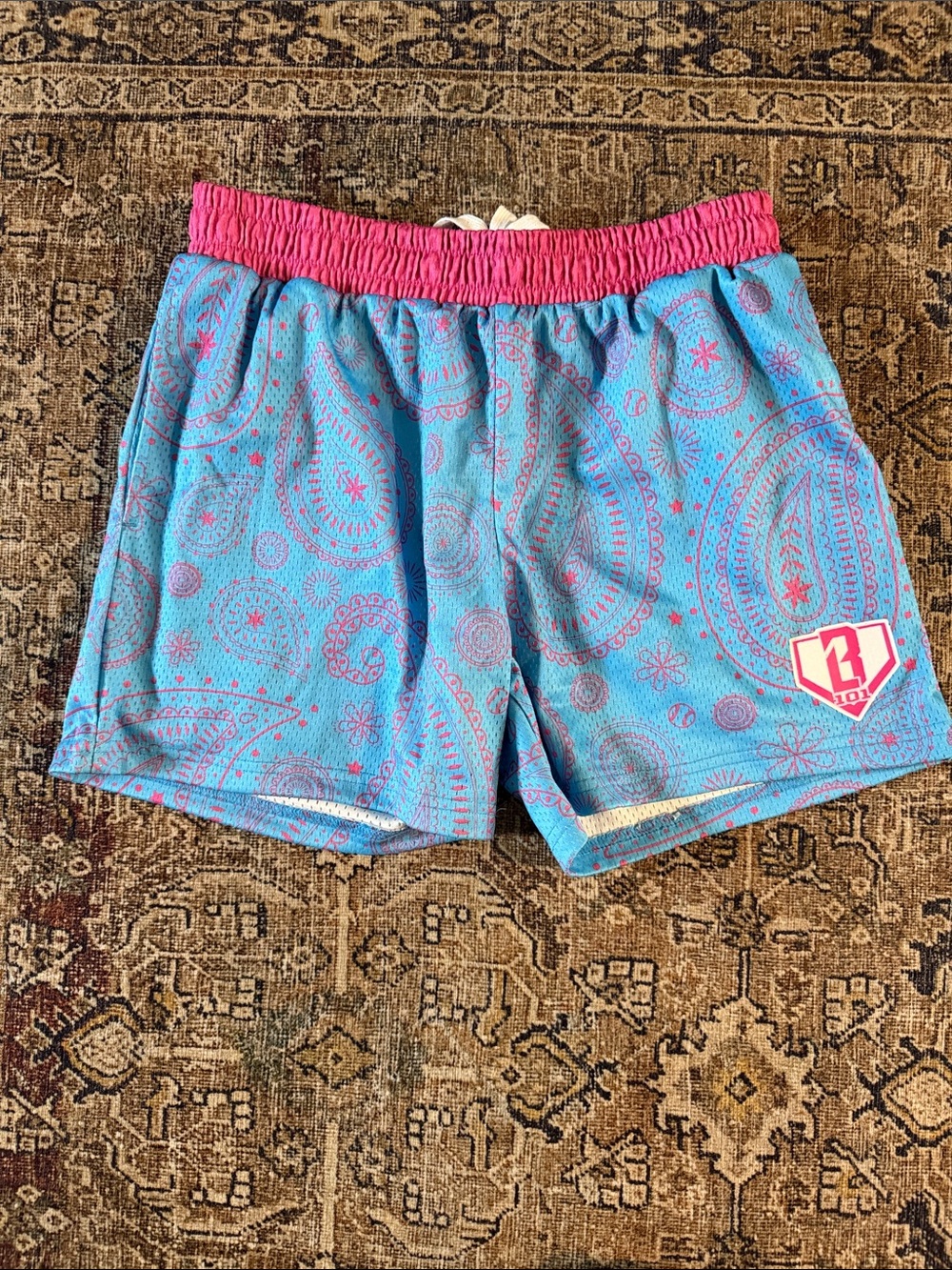 Blue & Pink Paisley Athletic Shorts with Logo